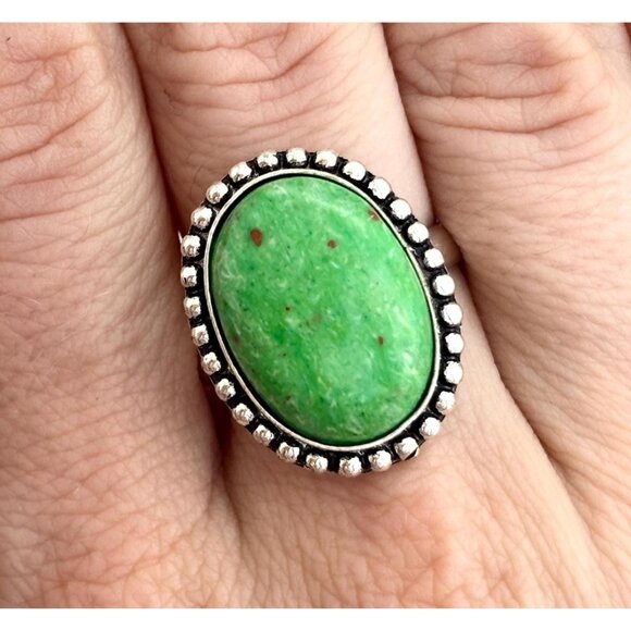 Gaspeite Gemstone Cabochon Silver T Southwest Style Navajo Vintage Ring - sz 9 - Picture 1 of 10